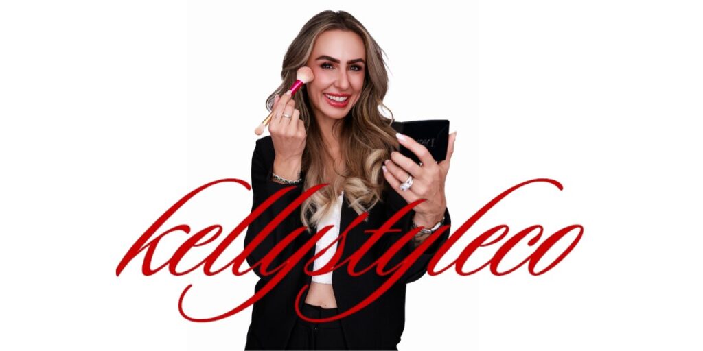 Kelly Farrell, founder of KellyStyleCo, applying makeup and smiling, embodying her personalized beauty education approach for women.