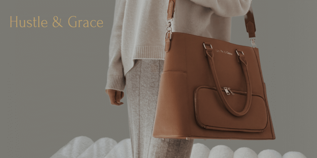 Person carrying tan vegan leather tote bag from Hustle & Grace, showcasing elegant and functional design