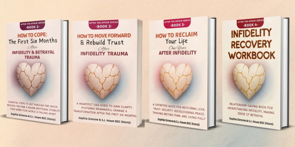 Four books from the 'After the Affair Series' addressing recovery from infidelity trauma, featuring cracked heart cover design.