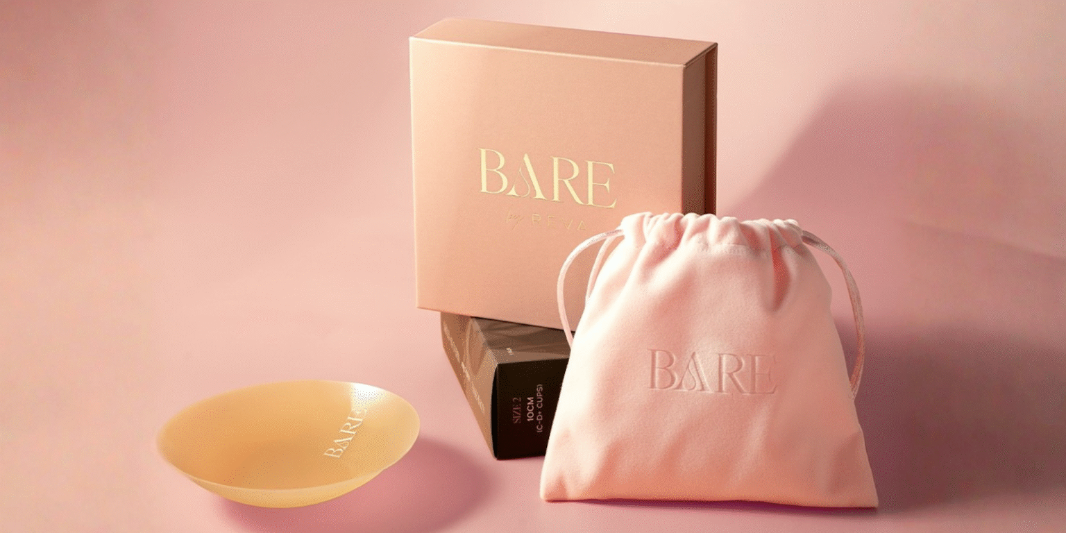 BARE by REVA nipple covers and breast enhancers with luxury packaging and pink pouch.