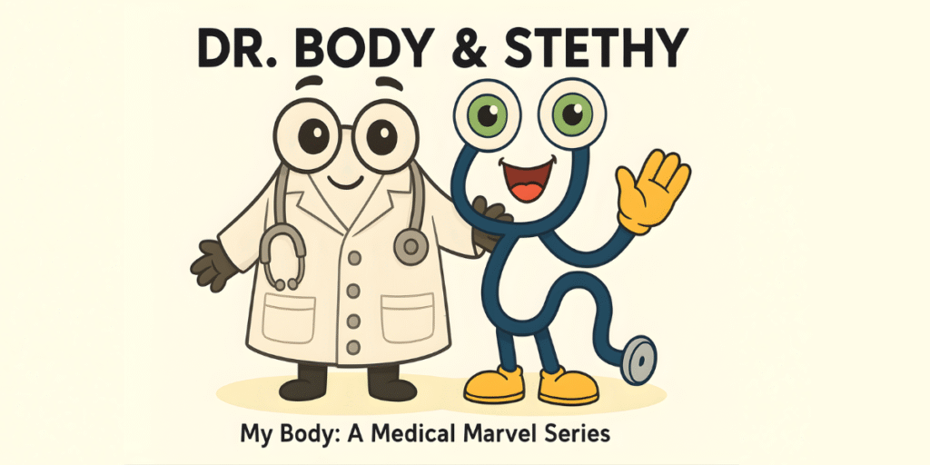 "Dr. Body and Stethy characters from 'My Body: A Medical Marvel' series, teaching kids about anatomy through fun, educational storytelling."