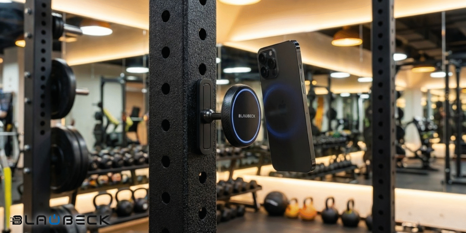 Why I Replaced My Gym Tripod with the Blaubeck Magnetic Phone Mount Blaubeck magnetic phone mount securing a phone to gym equipment, emphasizing convenience and hands-free functionality.