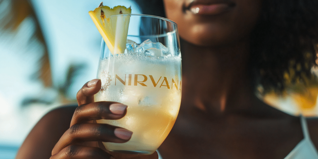 From Corporate Executive to Founder: The Rise of Nirvana RTD “Woman holding branded Nirvana cocktail, showcasing the company’s premium wellness-focused RTD product and luxury, refreshing lifestyle experience in a tropical setting.”