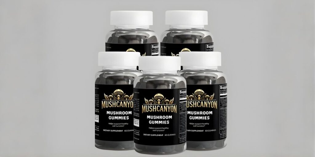 Six bottles of MushCanyon Mushroom Gummies, designed for immune support, cognitive benefits, and clean energy with 10:1 extracts."