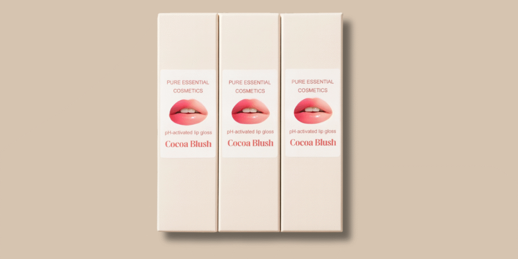 Cocoa Blush: The Luxury Lip Gloss That Transforms Just for You "Pure Essential Cosmetics Cocoa Blush pH-reactive lip gloss, offering personalized color transformation and luxurious hydration with a chocolate scent."
