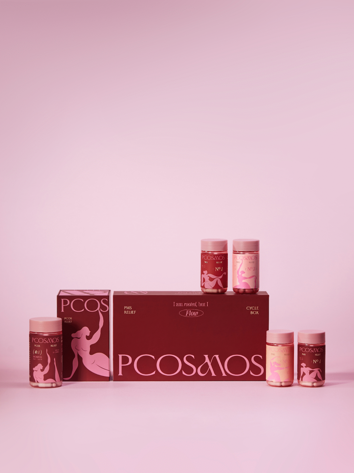 "PCOSMOS hormone health supplements promoting personalized cycle-based support for women’s hormonal wellness, featuring colorful product packaging."