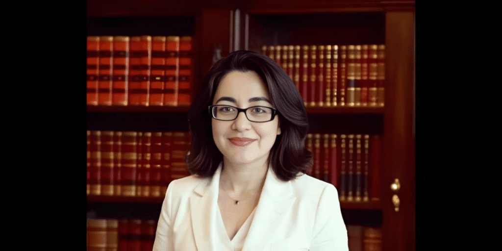 "Shadan Kapri, a human rights attorney and bestselling author, stands in front of bookshelves, embodying advocacy for social justice."