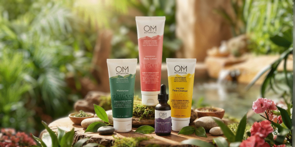 "OM Botanical skincare products, showcasing Ayurvedic-inspired, clean beauty formulations including moisturizers, face cleansers, and body lotion."