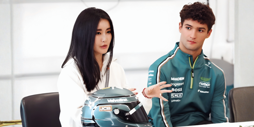 Alia Wu and Jak Crawford engage in a conversation with students, discussing teamwork, resilience, and personal growth in motorsports.