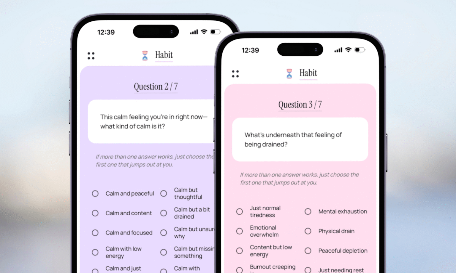 Habit app's personalized, wordless journaling check-ins help users reflect on emotions with no pressure or writing required.