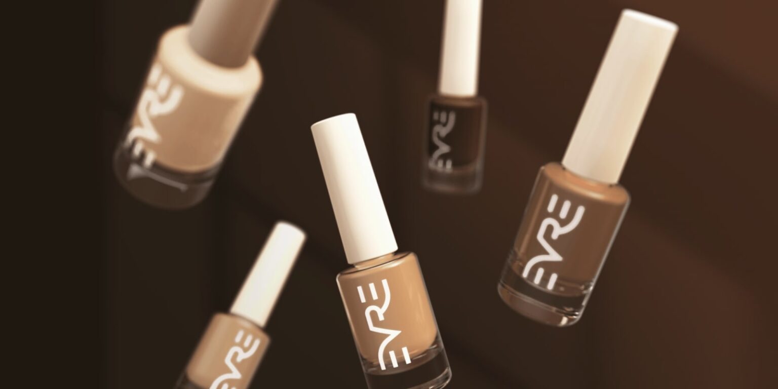 A collection of neutral-toned, non-toxic nail polishes from Everyone's Republic, showcasing shades designed for diverse skin tones.