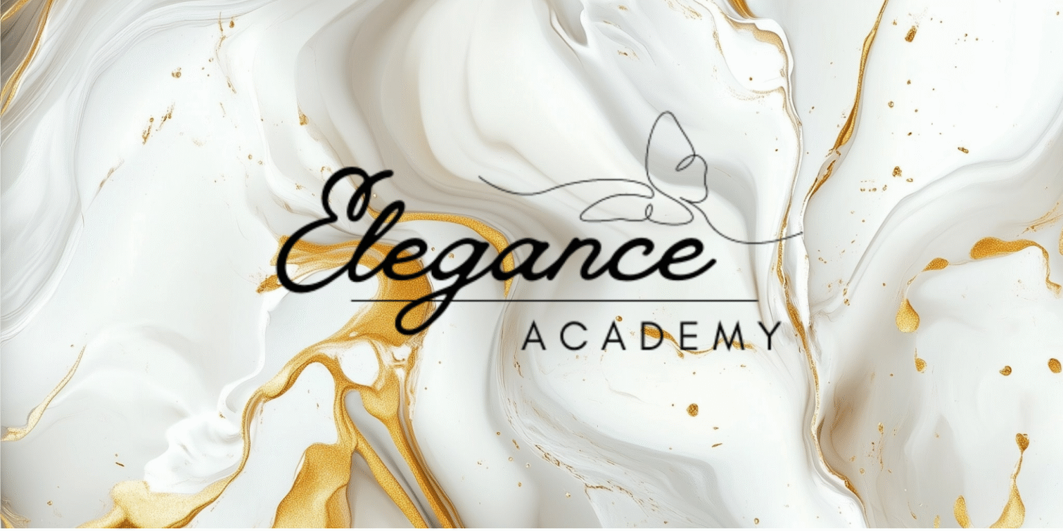 Elegance Academy logo with gold and white marbled background.