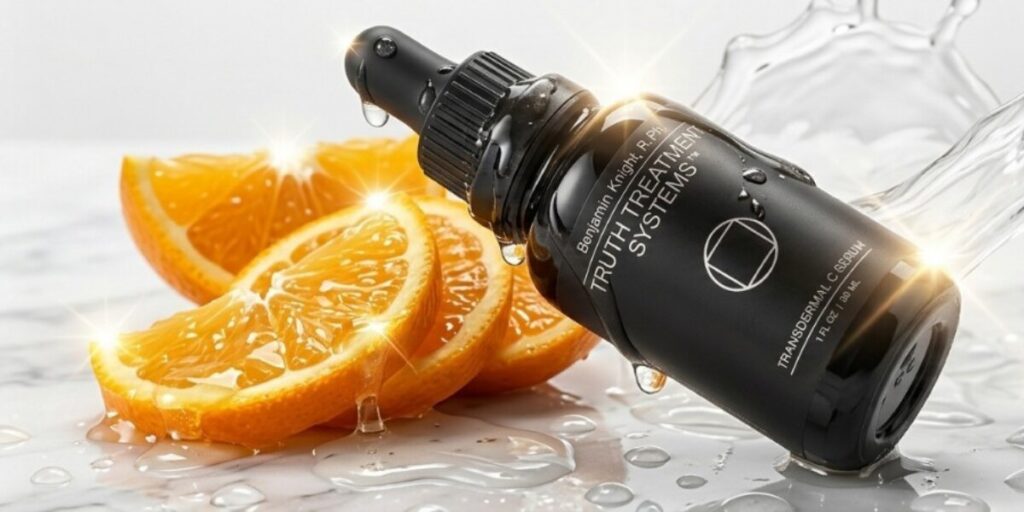 A sleek black serum bottle labeled "Truth Treatment Systems" is tilted with water droplets, surrounded by fresh orange slices on a glossy surface.