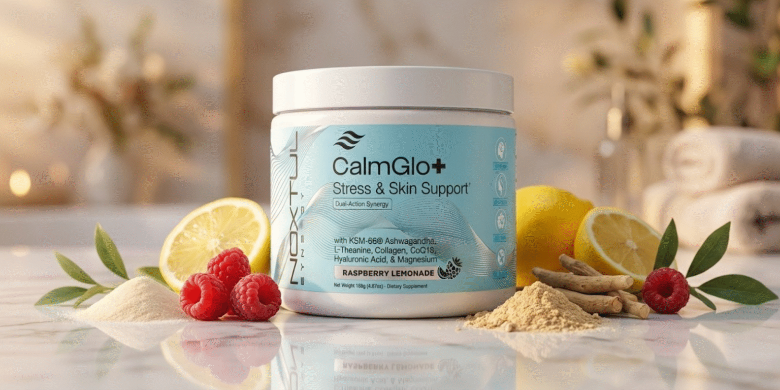 CalmGlo+ Stress & Skin Support with raspberries, lemon, and ingredients on a marble countertop.