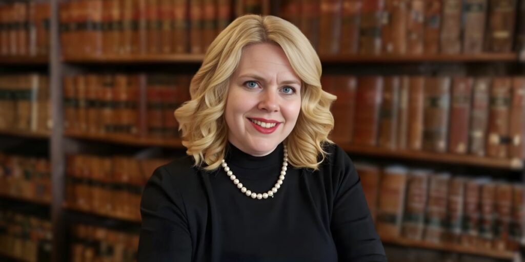 Dr. Marlene Fuson, a smiling woman in front of law books, epitomizing her quantum healing approach and emotional wellness.