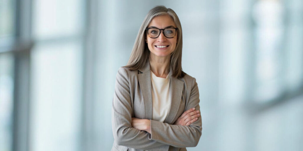 Dr. Dorota Novitskie, a forensic psychologist with 20 years of experience, stands confidently with arms crossed in a professional setting.