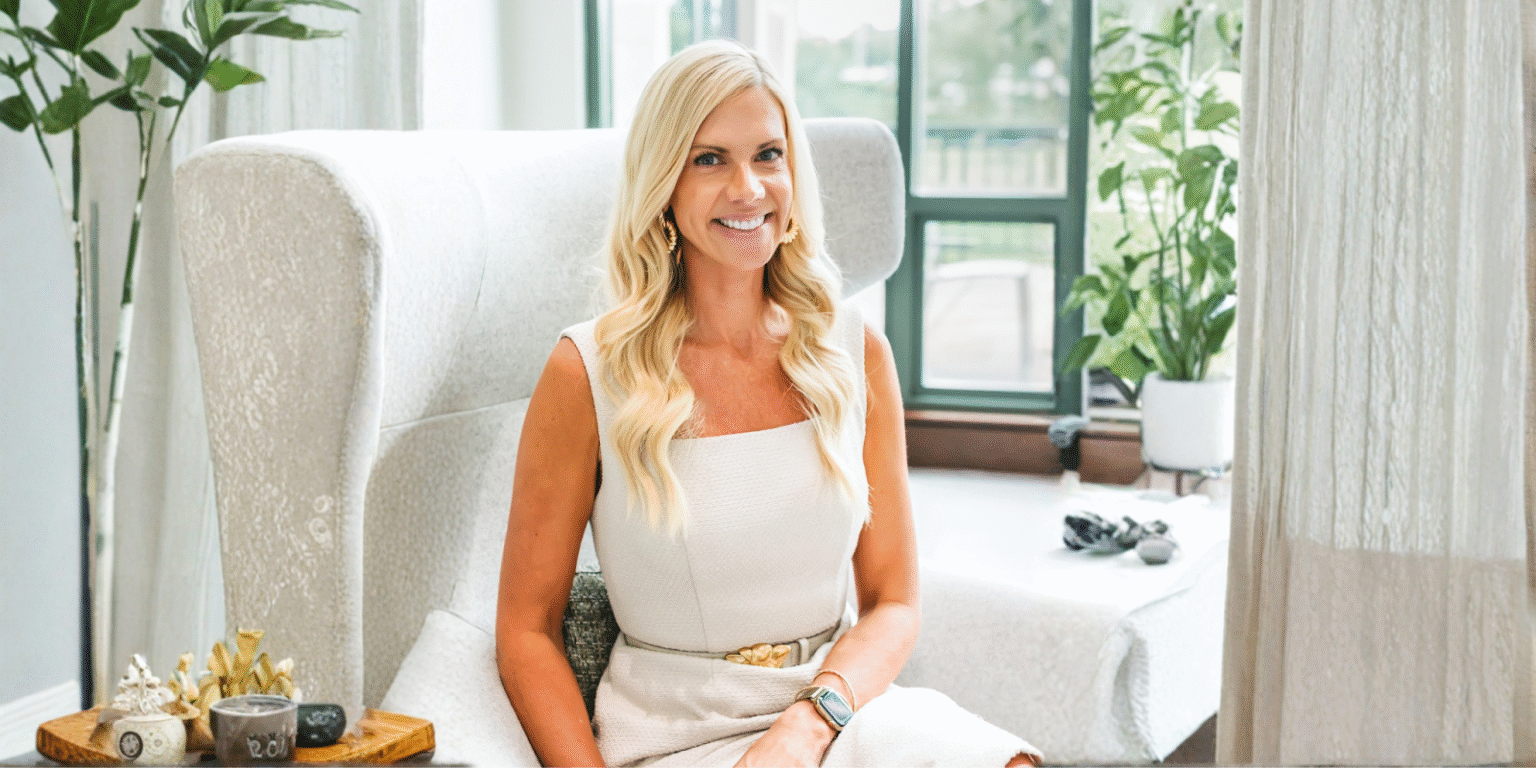 Raising Emotionally Resilient Kids Starts with Connection, Not Control Sara Lewis Hartley smiling while seated in a calming, light-filled space promoting emotional wellness.