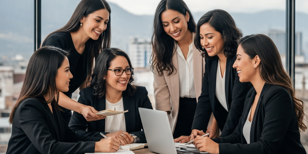 A group of female leaders collaborating on a marketing strategy at Invennio, a Guatemala-based agency.