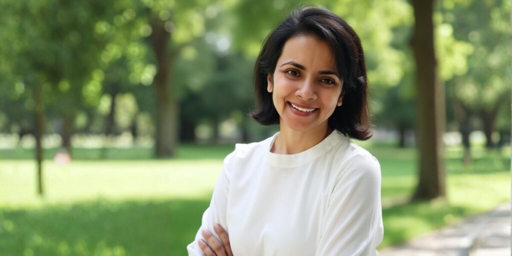 Indrani Das smiling warmly outdoors, standing confidently with arms crossed in a lush green park setting.