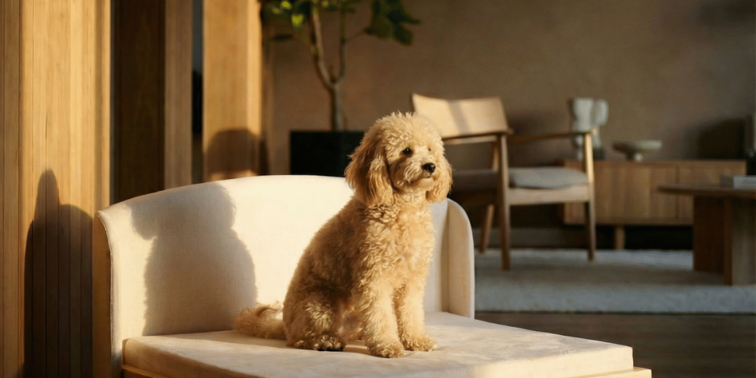Stylish dog resting on the Haven Bed by Mafé Pets, showcasing the blend of beauty, comfort, and functionality in pet products.