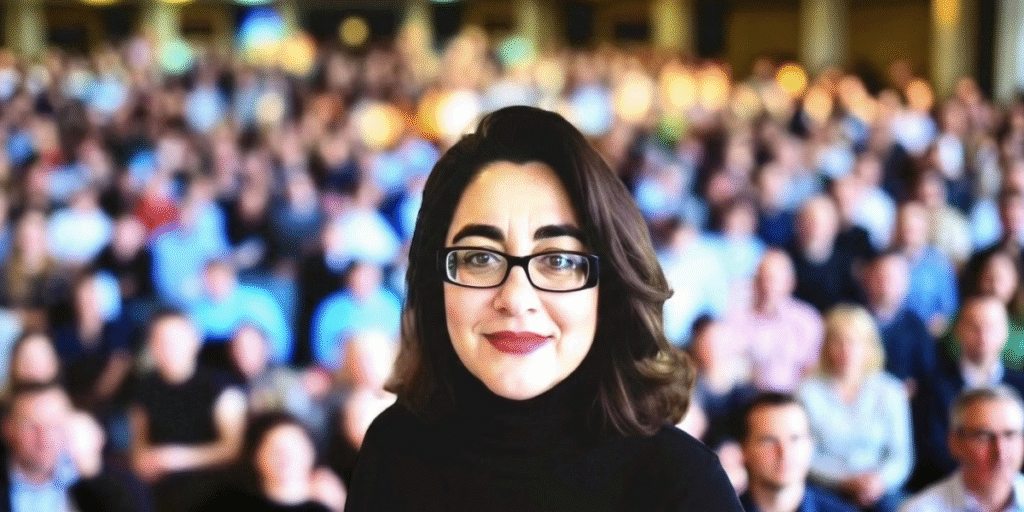 Woman with glasses smiling in front of blurred audience, suggesting public speaking or global advocacy event.