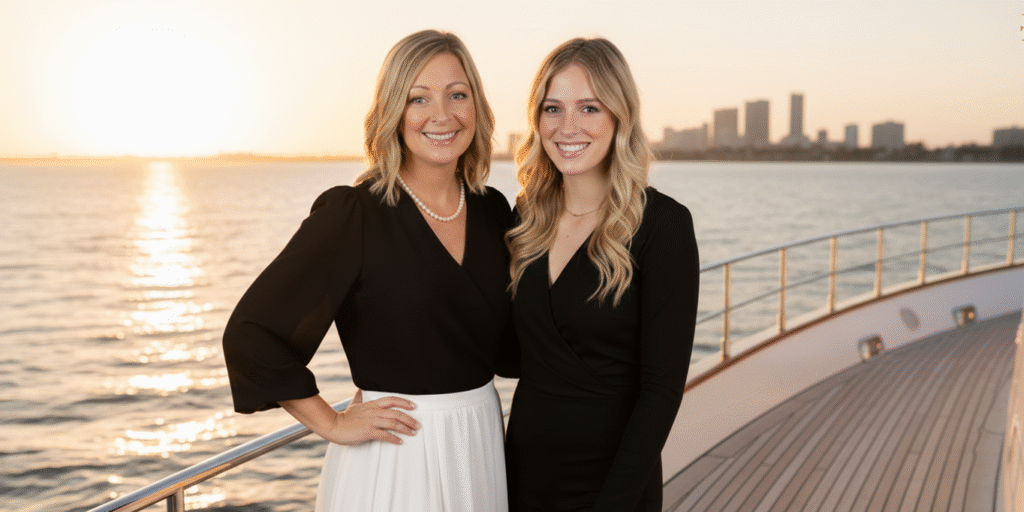 Two women in black outfits smiling on a yacht at sunset with city skyline in background.