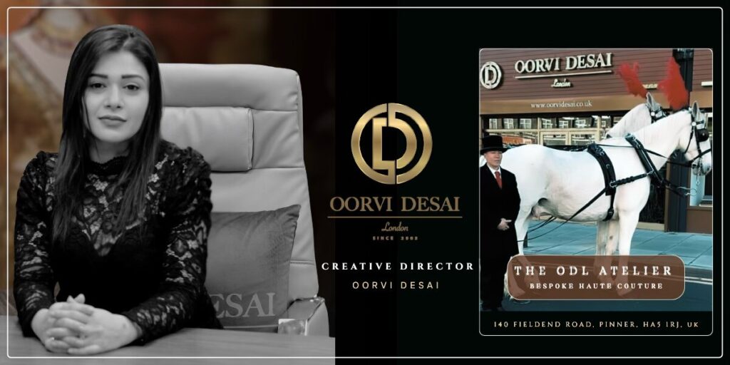 Oorvi Desai London: A Woman Redefining South Asian Luxury on the World Stage A woman in a black dress sits gracefully in front of a horse, embodying elegance and luxury in a serene outdoor setting.