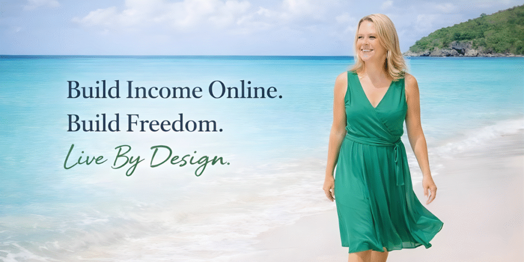 Smiling woman in green dress walking beach with text: Build Income Online, Build Freedom, Live By Design.