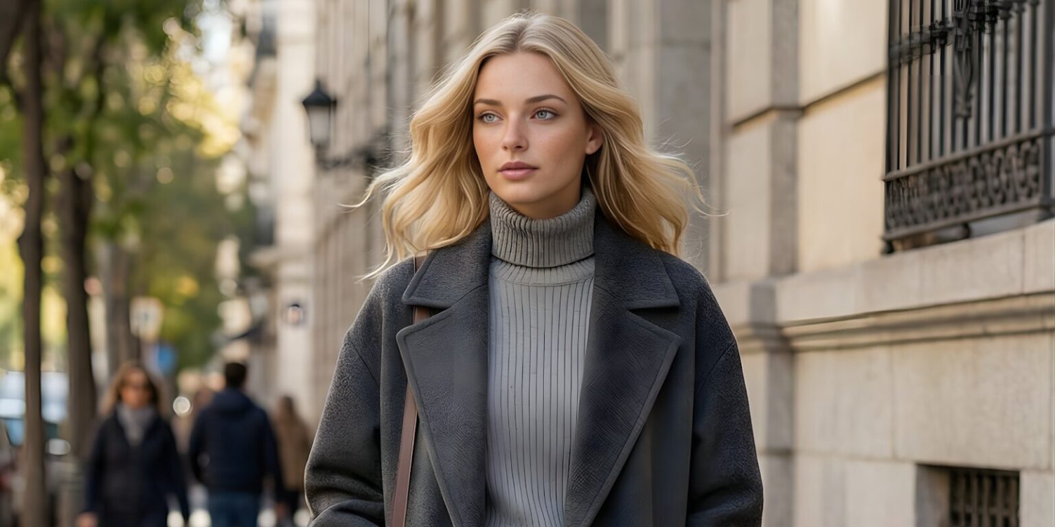 A blonde woman in a grey sweater and coat walks confidently down the street, embodying modern fashion and style.