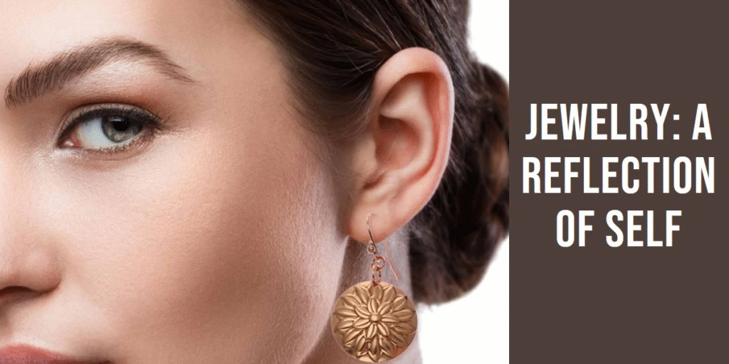 "Close-up of a woman wearing elegant gold floral earrings, showcasing a modern style."