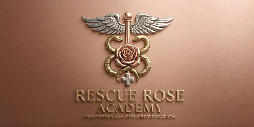 Logo for Rescue Rose Academy features a winged staff with intertwined gold snakes around a rose and a cross, symbolizing health. Text reads, "Professional CPR Certification."