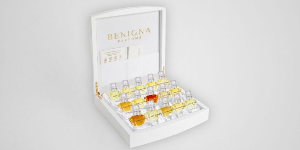 Benigna Parfums Expands The Adventure Collection Perfume box from Benigna Parfums' Adventure Collection, featuring elegant design and branding.