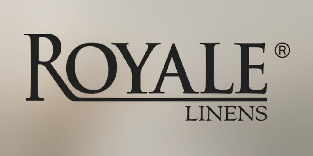 Text "Royale Linens" in elegant black serif font on a soft beige background. The tone conveys luxury and sophistication, enhanced by a registered trademark symbol.