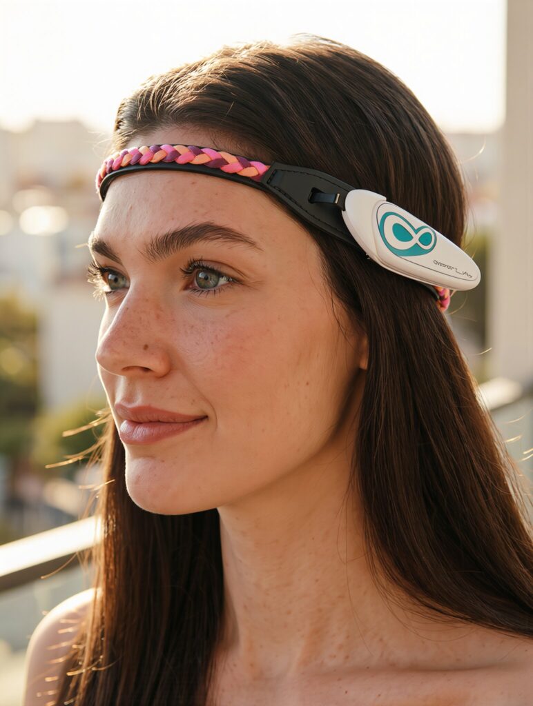 Woman wearing Excellent Brain neurofeedback headband for at-home ADHD focus training.