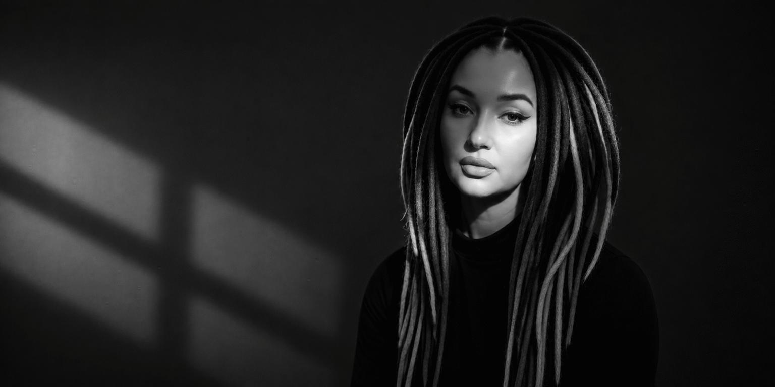 Black-and-white portrait of woman with long dreadlocks, soft lighting, calm expression against dark background