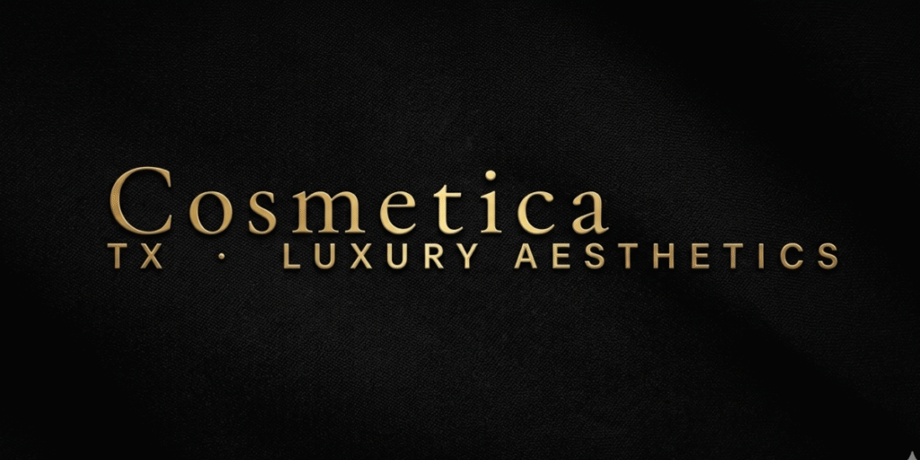 Inside CosmeticaTX Medspa Experience Redefining Modern Aesthetic Care Cosmetica TX Luxury Aesthetics gold logo on black textured background.