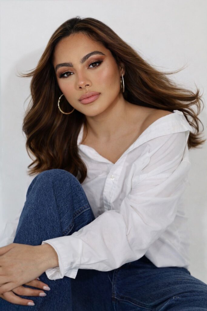 A woman in a white shirt and jeans, representing individuality and culture through Hails fashion brand.