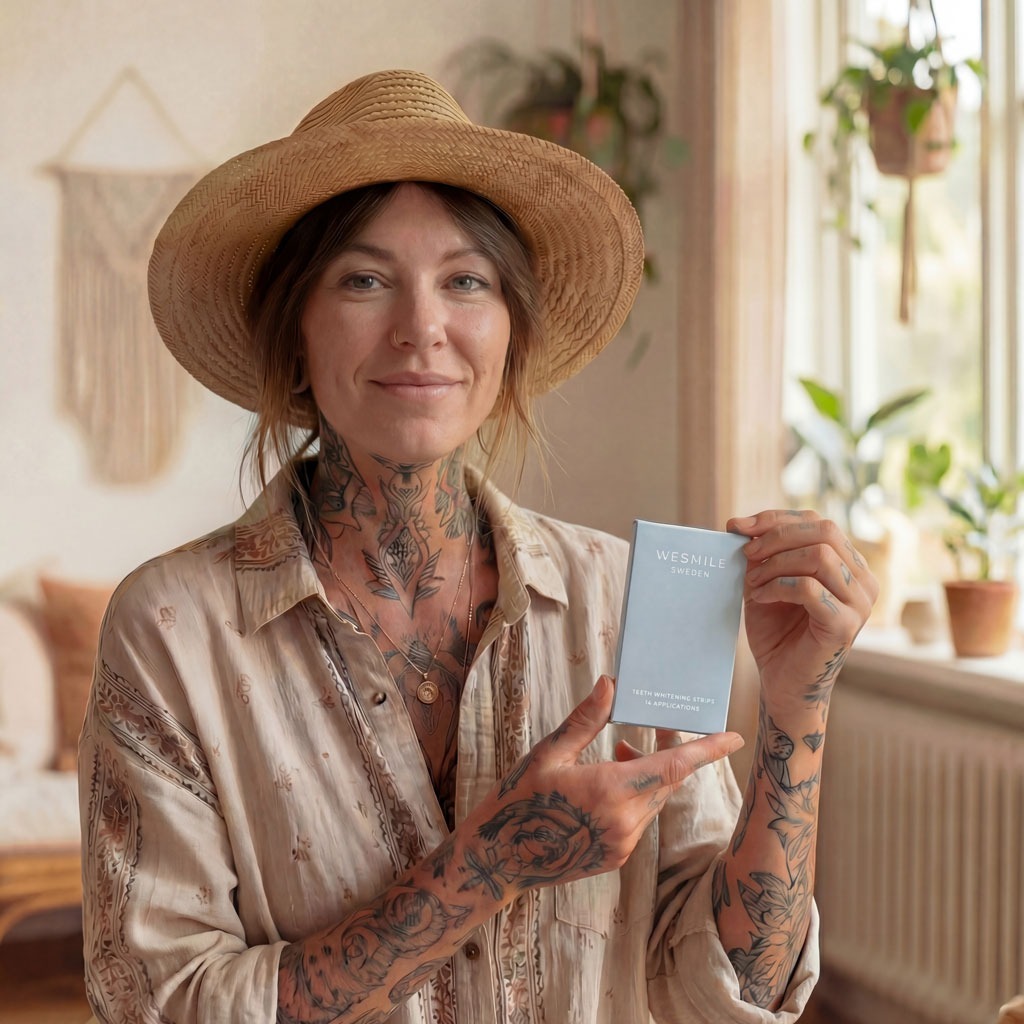 A woman with tattoos displays a card, symbolizing a Swedish brand's focus on teeth whitening design and consumer trends.