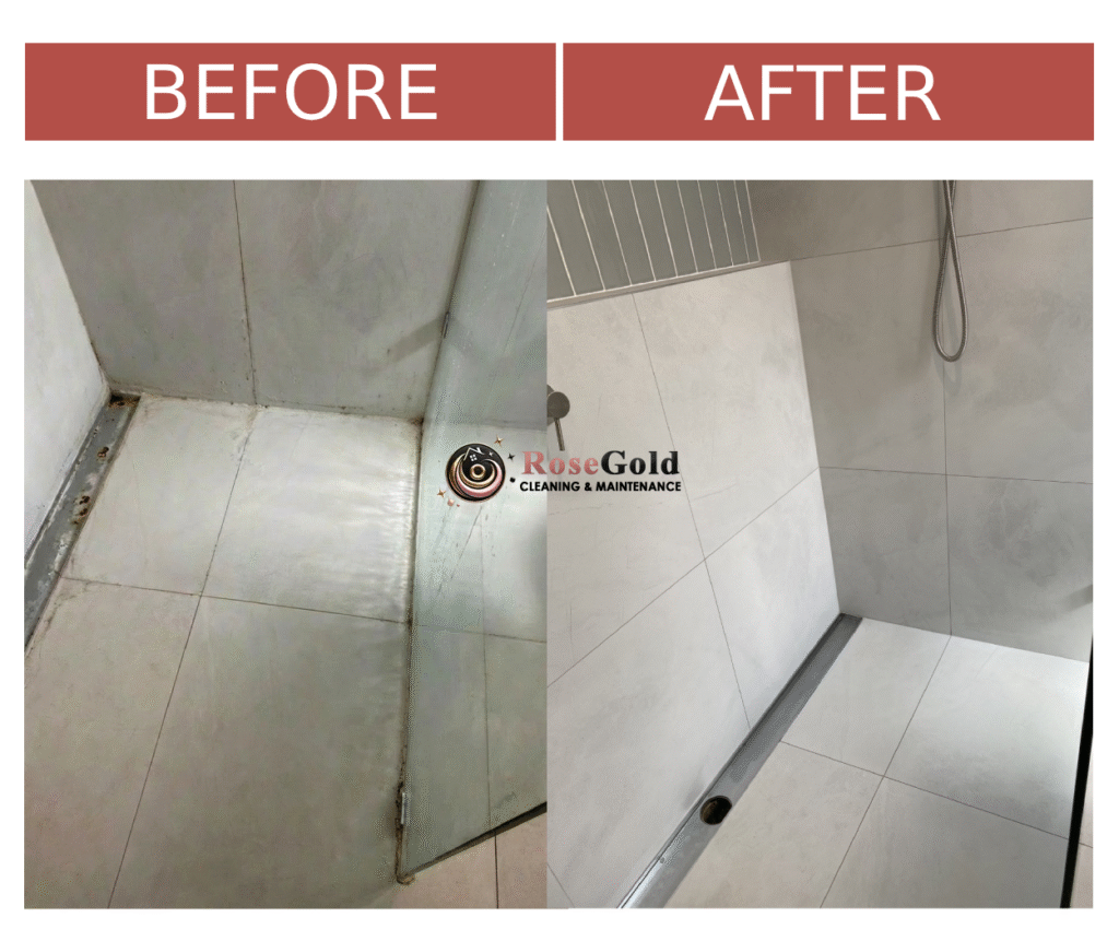 Before-and-after shower cleaning transformation with spotless tiles and glass enclosure.