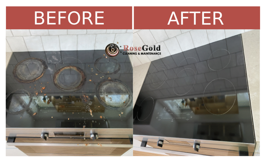 Before-and-after stovetop cleaning showing grease removal and polished glass cooktop.