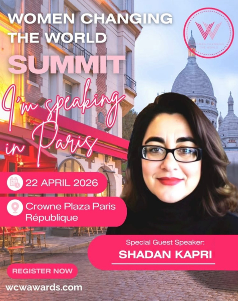 Shadan Kapri presents her story at the Women Changing the World Summit in Paris, highlighting women's empowerment and leadership.
