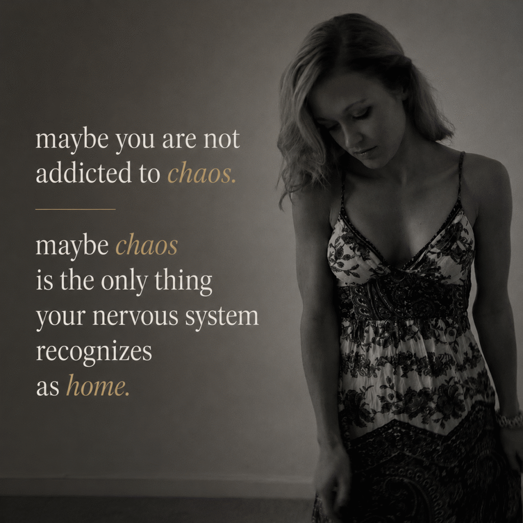 Black-and-white portrait beside quote about chaos feeling familiar to the nervous system.