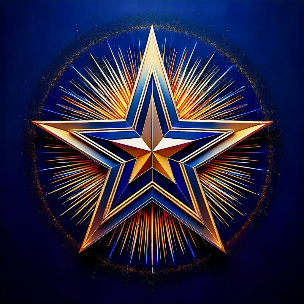 Geometric gold and blue starburst emblem on deep blue background representing transformation and conscious reality creation.