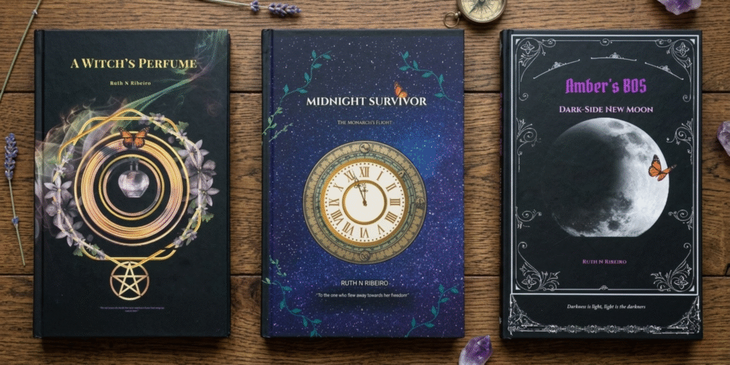 Three fantasy-themed book covers displayed on a wooden table with crystals, lavender, and vintage decorative accents.