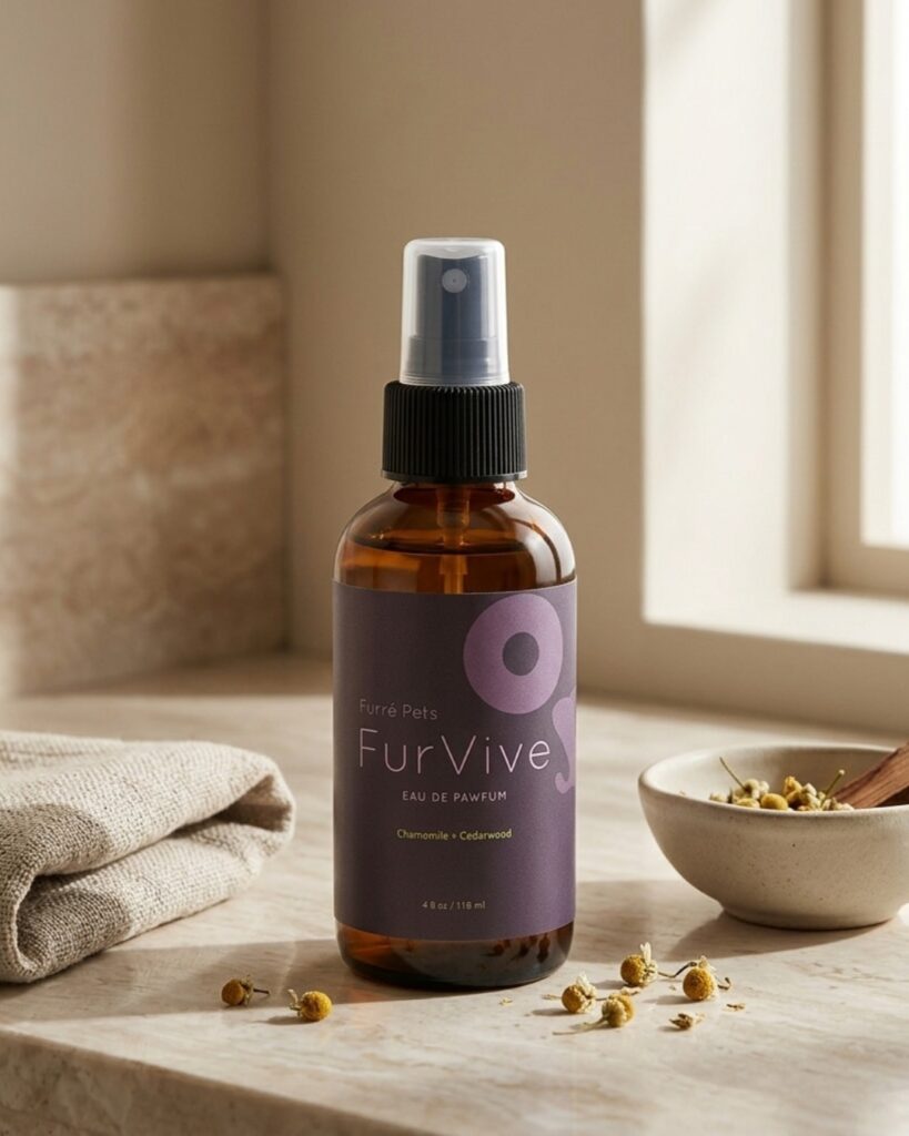 FurVive Eau de Pawfum bottle beside chamomile flowers on minimalist countertop near window.