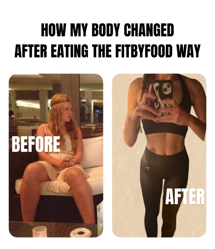 Before-and-after fitness transformation of woman following Fit by Food program, showing weight loss and a leaner physique.