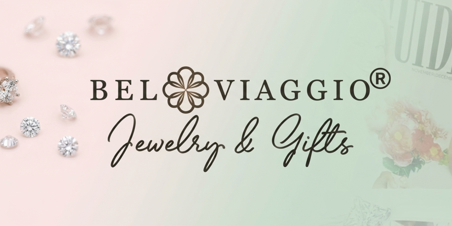 The Art of Personal Jewelry at Bel Viaggio Designs Bel Viaggio Jewelry & Gifts logo with diamonds on a soft pink and green background.