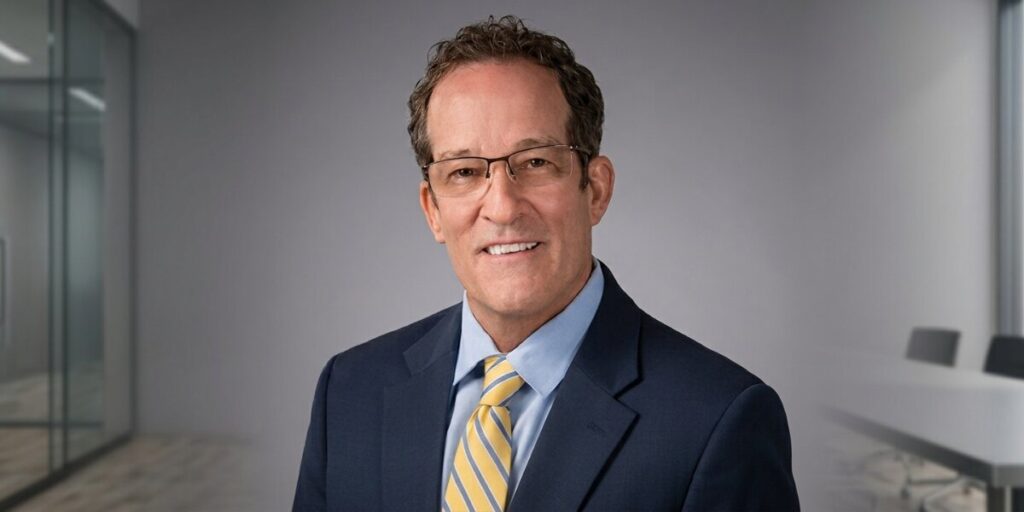 Professional headshot of financial advisor in navy suit and yellow striped tie in modern office.