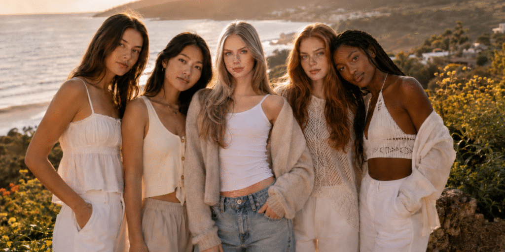 Too Beautiful to Be Real Announces International Production Series in World’s Most Extraordinary Locations Five diverse young women posing together on a coastal hillside at golden hour, wearing light neutral outfits.