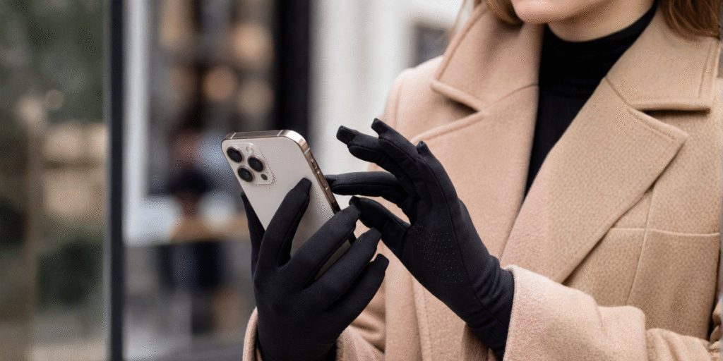 Woman using smartphone while wearing black touchscreen gloves outdoors.